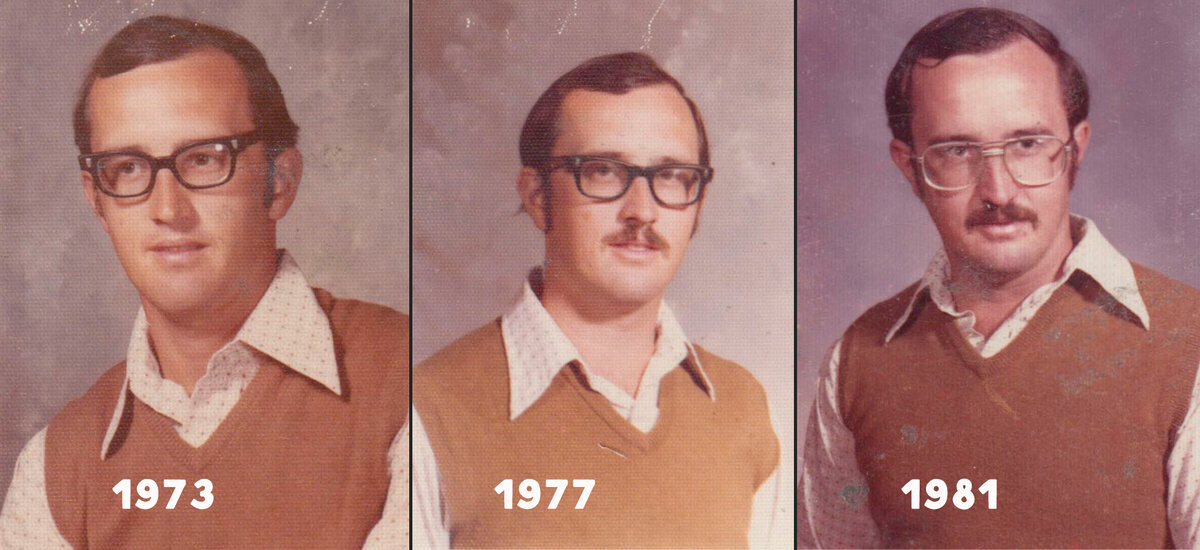 "40 лет подряд физрук фотографировался в одном и том же наряде для выпускного альбома"