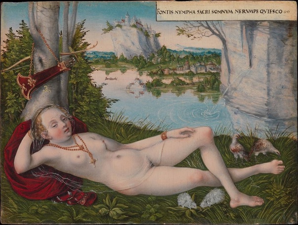 Лукас Кранах Младший / Lucas Cranach the Younger немец, Виттенберг, 1515 - 1586 Виттенберг)/Весенняя нимфа (Nymph of the Spring).ок. 1545-50Буковая панель,