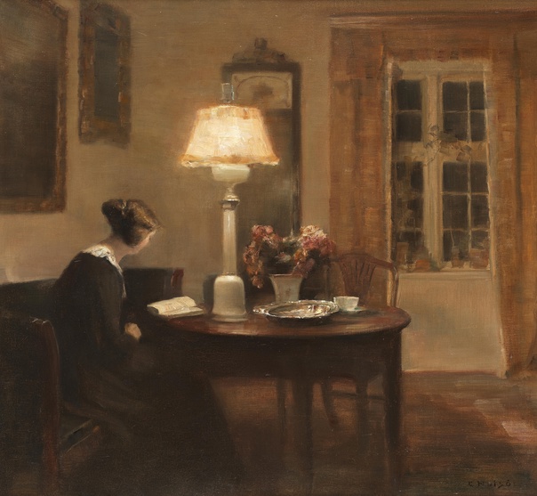 Карл Вильгельм Холсо Holsoe, Carl Vilhelm). 1863-1935гг.– датский художник, классик датской живописи.Woman Reading by Lamplightoil on canvas; 55.2 x 61