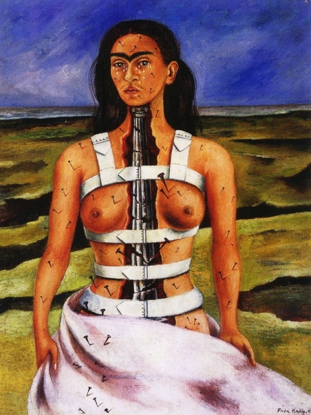 «Сломанная колонна», Фрида Кало 1944г. Холст, масло. Размер: 43×33 см. Музей Долорес Ольмедо-Патиньо, Мехико Картина разительно контрастирует с большинством автопортретов мексиканской художницы.