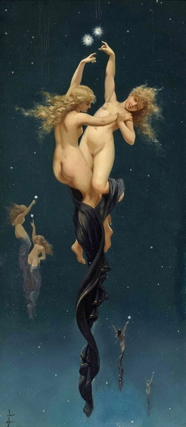 Луис Рикардо Фалеро (1851-1896) «Звезды-близнецы» 1886 Одна из его известных аллегорических картин «Звезды-близнецы». Обнаженные женские фигуры, изображенные на полотне, выполнены в мистическом,