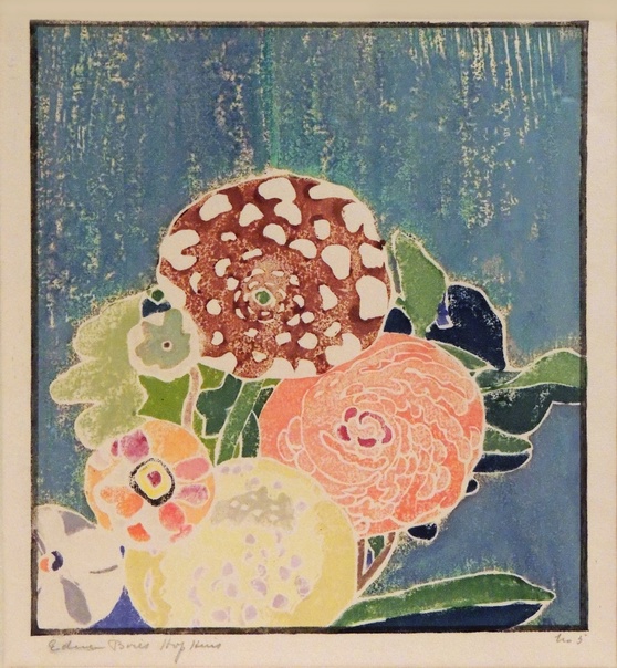 Edna Boies Hopkins (1872–1937, American) наиболее известна своими цветочными гравюрами на дереве, которые варьируются от тонких стилизаций в японском стиле до ярких и прогрессивно-модернистских