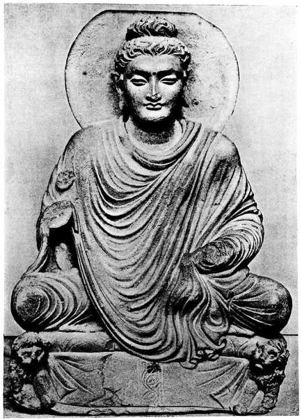 Статуя Будды из Тахт-и-Бахи (около 300 г.) В I—IV в. н. э. в художественной культуре Индии произошли значительные перемены. В изобразительном искусстве Будду стали представлять в облике