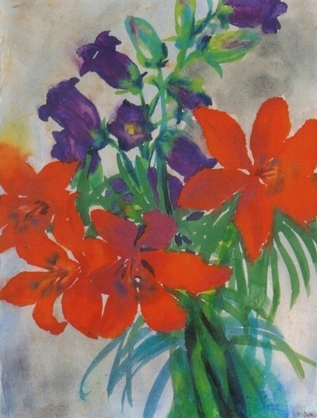 Эмиль Нольде, Emil Nolde ( 1867–1956 ). Feuerlilien und Glockenblumen (Огненные лилии и голубые колокольчики), 1930 Watercolour on Japan paper (Акварель на японской бумаге).47 × 35