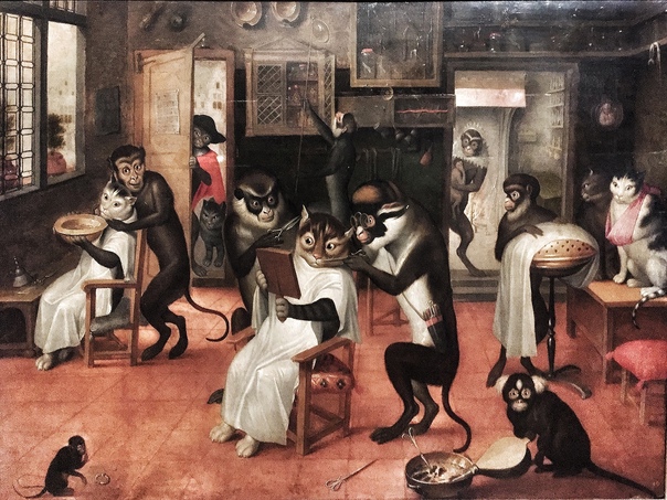 «Обезьянья парикмахерская для кошек», Последователь Дэвида Тенирса Младшего 17 век. Холст, масло. Музей Сумайя. Сьюдад-де-МехикоВозможно, автором картины Barberia de monos y gatos был сын