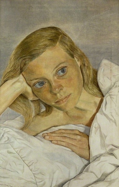 Люсьен Фрейд (англ. Lucian Michael Freud; 1922 - 2011). Girl in Bed (Девочка в кровати).oil on canvas, 1952 18 in. x 12 in. (457 mm x 305 mm)© National Portrait Gallery,