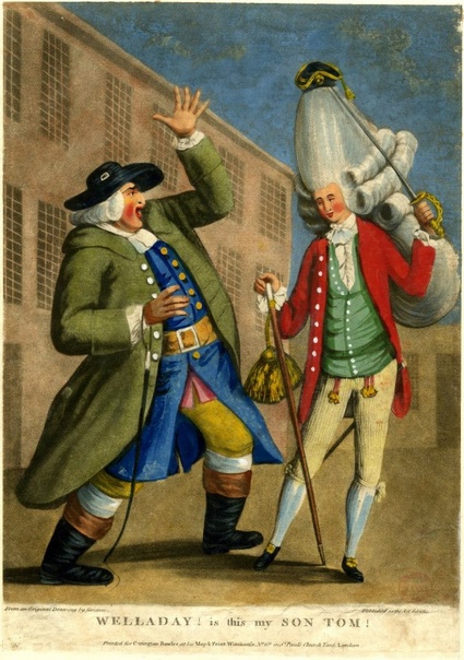 Карикатуры эпохи рококо Сатирическая картинка Samuel Hieronymus Grimm. 1774 (25 June 1773)Фермер приехал в город и не узнает своего сына в модном наряде и прическе, с тросточкой, восклицая: Это