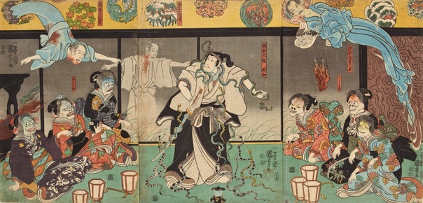 Título: El actor Bandō Hikosaburō IV como Orikoshi Masatomo C) atacado por el fantasma de Asakura Tōgo interpretado por Ichikawa Kodanji IV 1851 Artista: Utagawa Kuniyoshi (Japón, 1797 – 1861)