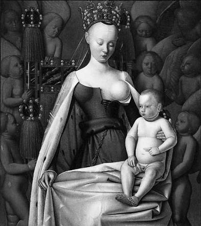 «Мадонна с Младенцем», Жан Фуке 1450-е. Дерево, масло. Размер: 112,7x104 см. Королевский музей изящных искусств, Антверпен Створка диптиха из Мелена. Полное название картины «Мадонна в окружении