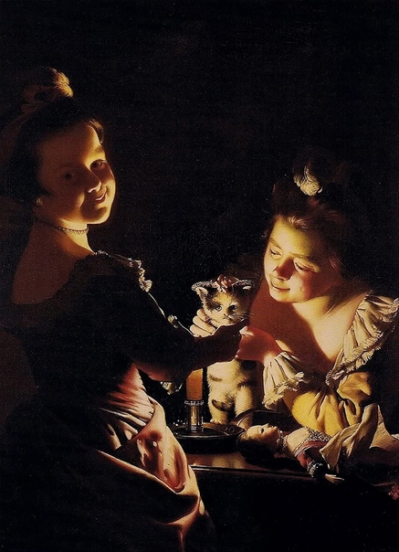 «Две девочки, одевающие котёнка при свете свечи», Джозеф Райт из Дерби 1770г. Холст, масло. Размер: 90,8 × 72,4 см. Кенвуд-хаус, Великобритания, Лондон Альтернативные названия: «Две девочки
