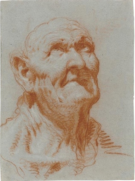 Джованни Баттиста Тьеполо / Giovanni Battista Tiepolo (1696 - 1770). Голова мужчины, смотрящего вверх. Красный и белый мел на бумаге, 40.9 х 30.5