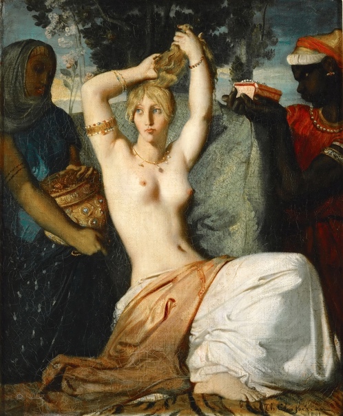 «Туалет Эсфири», Теодор Шассерио 1841г. Холст, масло. Размер: 45,5 × 35,5 см. Лувр, Париж (неоклассицизм) Картина, которую можно отнести к экзотическому эротизму, была завещана музею бароном