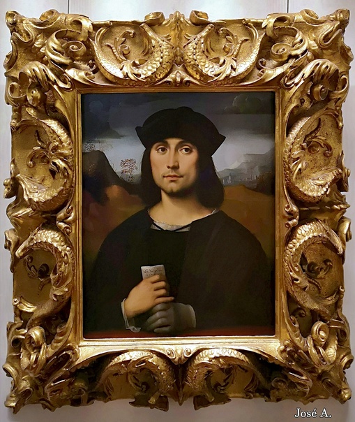 Francesco Raibolini conocido como Il Francia (Zola Predosa (Bolonia) , hacia 1450 – 1517) etrato de Evangelista ScappiAlrededor de 1505Témpera sobre maderaInventario 1890 no. 1444Formado como