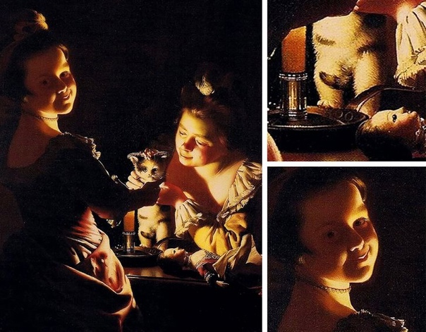«Две девочки, одевающие котёнка при свете свечи», Джозеф Райт из Дерби 1770г. Холст, масло. Размер: 90,8 × 72,4 см. Кенвуд-хаус, Великобритания, Лондон Альтернативные названия: «Две девочки