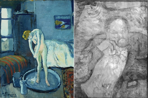 Тайны и загадки знаменитых картин: Пабло Пикассо, «Голубая комната», 1901 В 2008 году инфракрасное излучение показало, что под «Голубой комнатой» скрыто еще одно изображение — портрет мужчины,