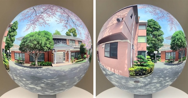 Невероятные сферические работы художника Дайсуке Самедзима В своей серии Flatball Daisuke Samejima изображает мирные японские пригороды на трехмерных глобусах. В результате зрители могут