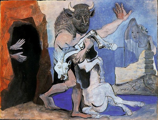 «Минотавр с мертвой лошадью перед пещерой», Пабло Пикассо 1953г. Гуашь, тушь, бумага. Размер: 50x65см см. Частное собрание Для Пикассо чудовище с головой быка было символом двойственности